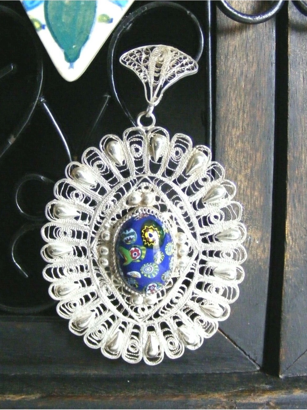 Vintage Handcrafted Sterling Silver Filigree Murano Glass Pendent.